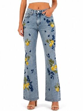 Driftwood Jeans Women’s Size 26 Lemon Embroidered Slight Flare Denim NWT